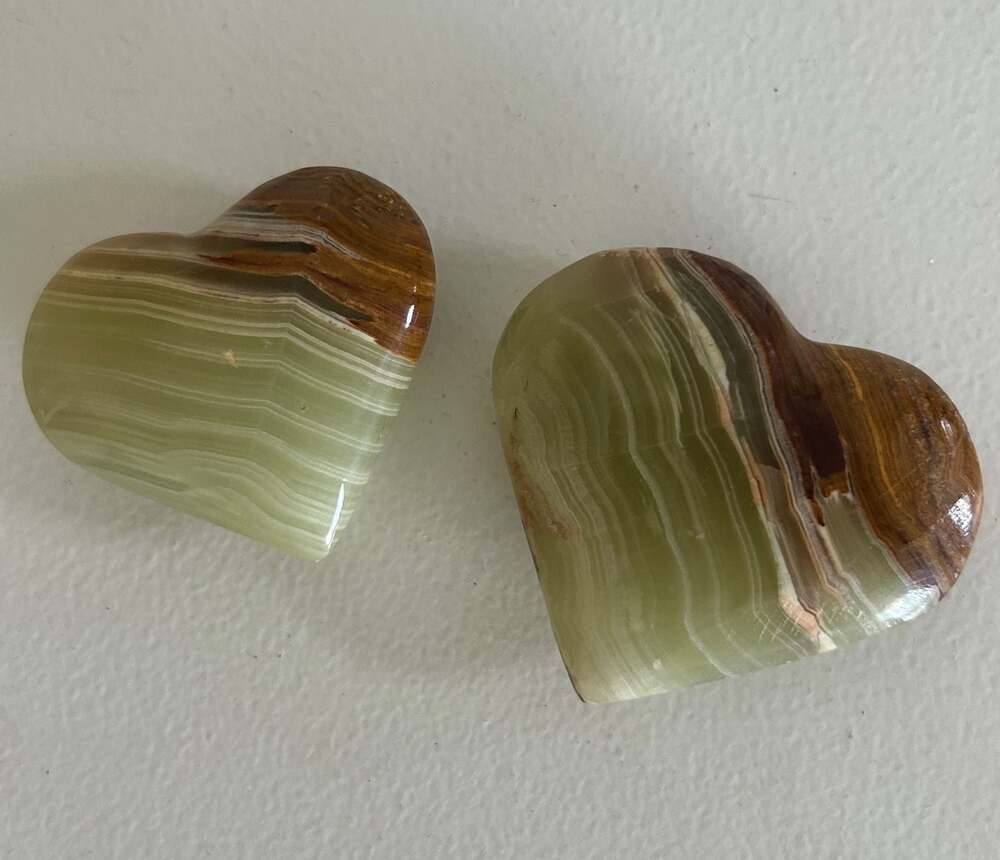 Natural Green Onyx Hand-Carved Polished Crystal Heart Stones Set of 2